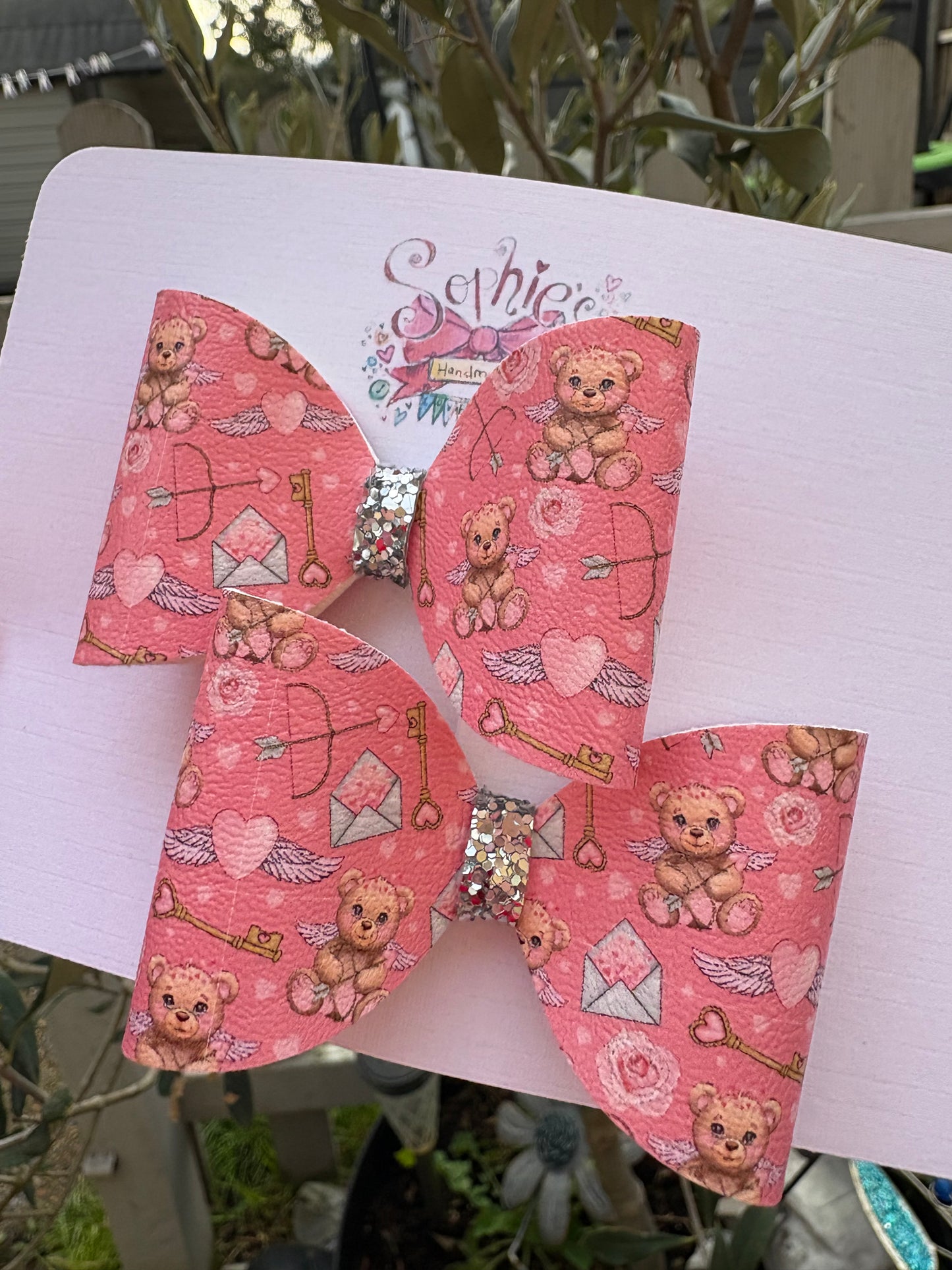 Pink Cupid Teddy Pigtail Bows 2.5 inch