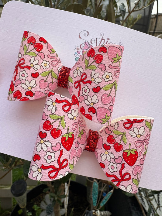 Pink Strawberry and Cherry 2.5inch Pigtail Bows