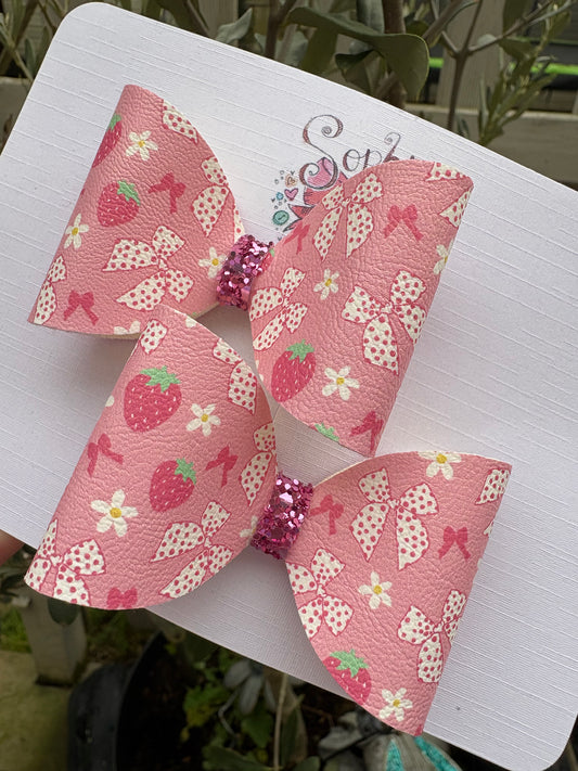 Pink Strawberry Bow Design 2.5inch Pigtail Bows