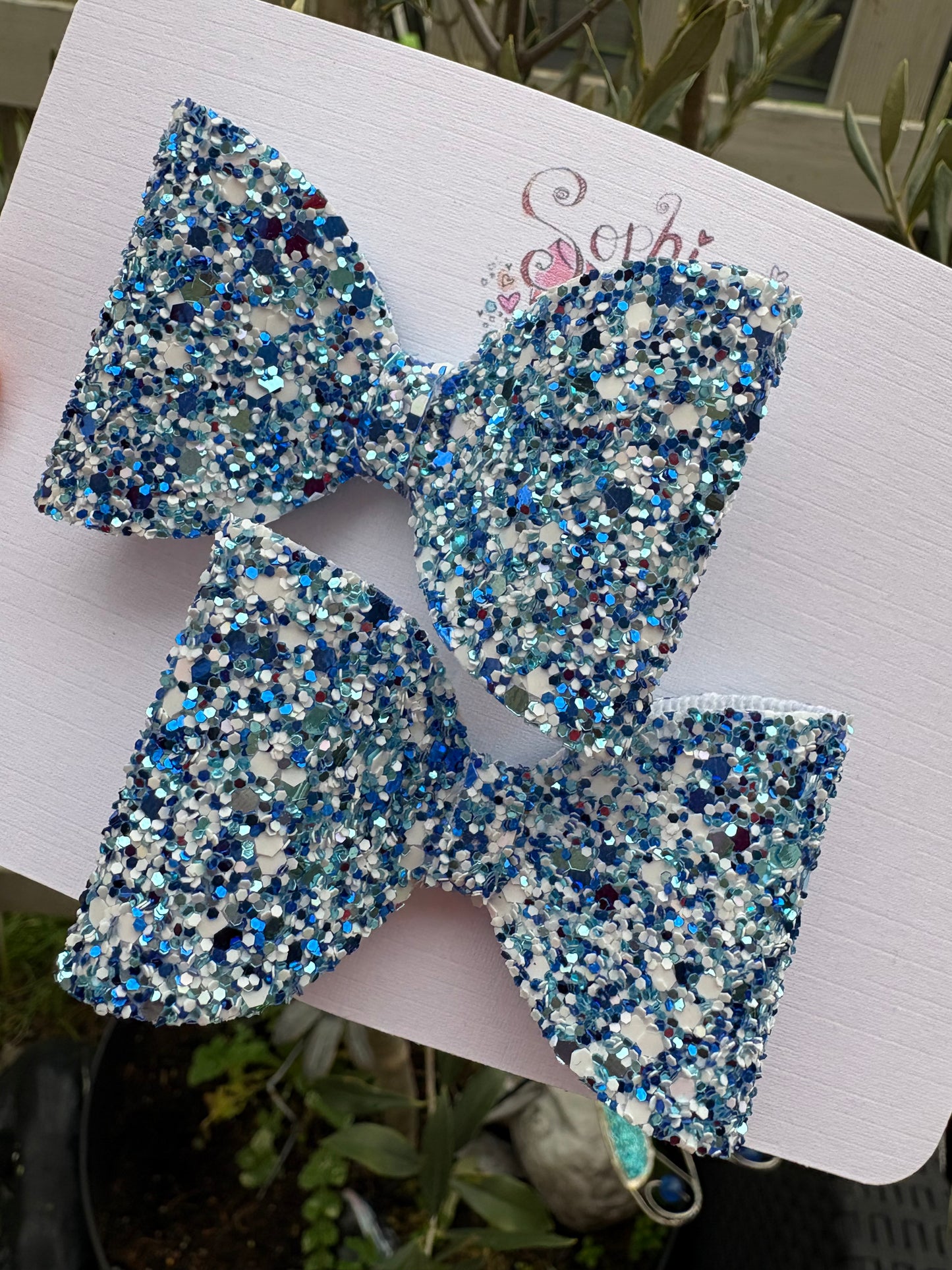 Blue and White Chunky Glitter 2.5inch Pigtail Bows