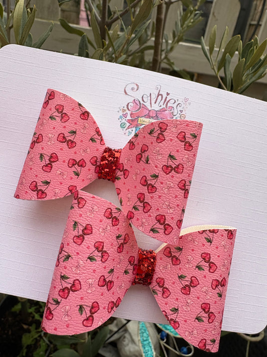 Hot Pink Cherry Heart Pigtail Bows