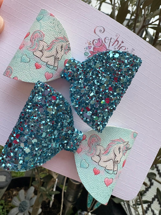 Blue Unicorn Glitter Pigtail Bows 2.5inch