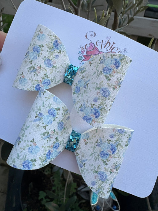 Blue Florals 2.5 inch Pigtail Bows