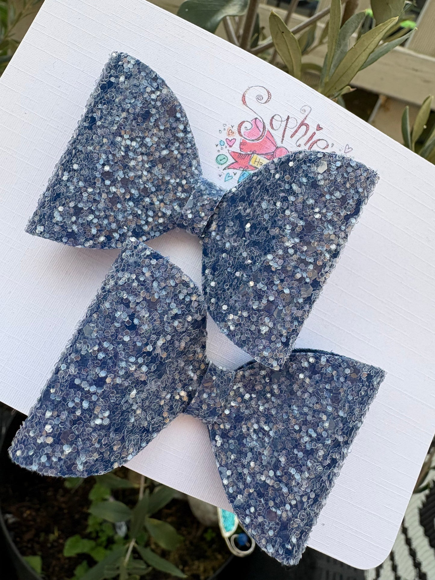 Denim Blue Glitter 2.5inch Pigtail Bows