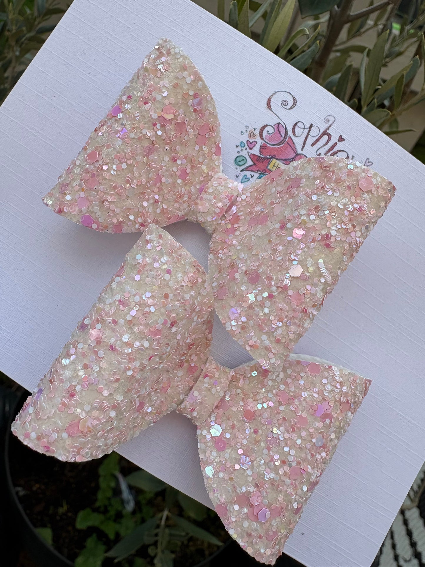 Cream Heart Sequins Pigtail Bows