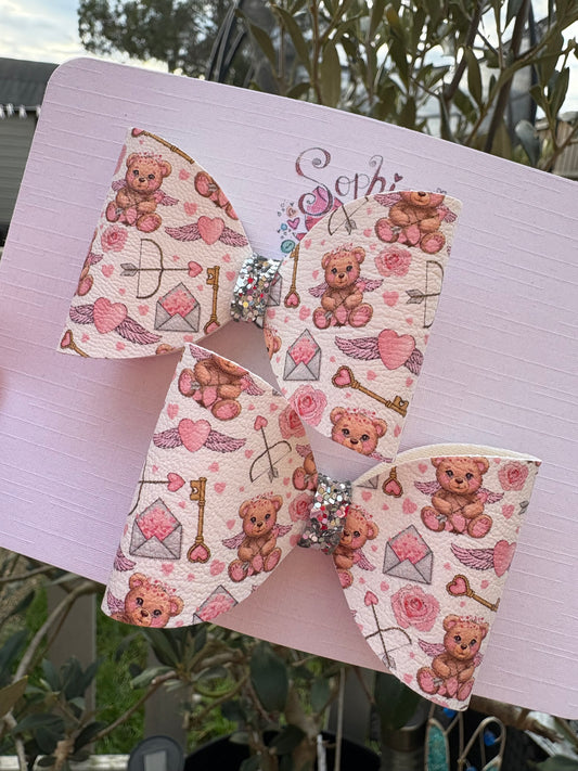 White Cupid Teddy Bear Pigtail Bows 2.5inch