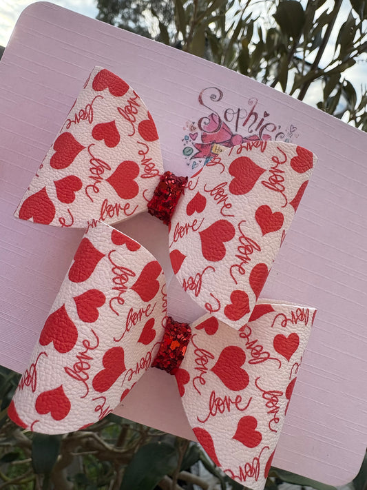 Red Love Heart Pigtail Bows 2.5inch