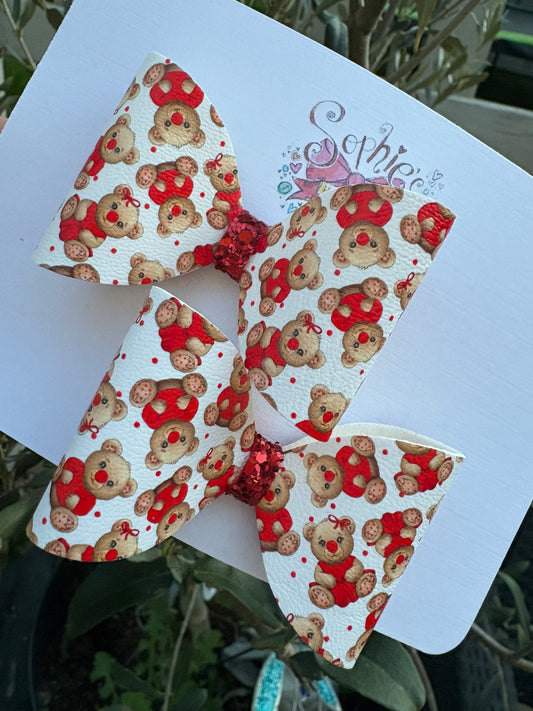 Red Nose Bear 2.5inch Pigtail Bows