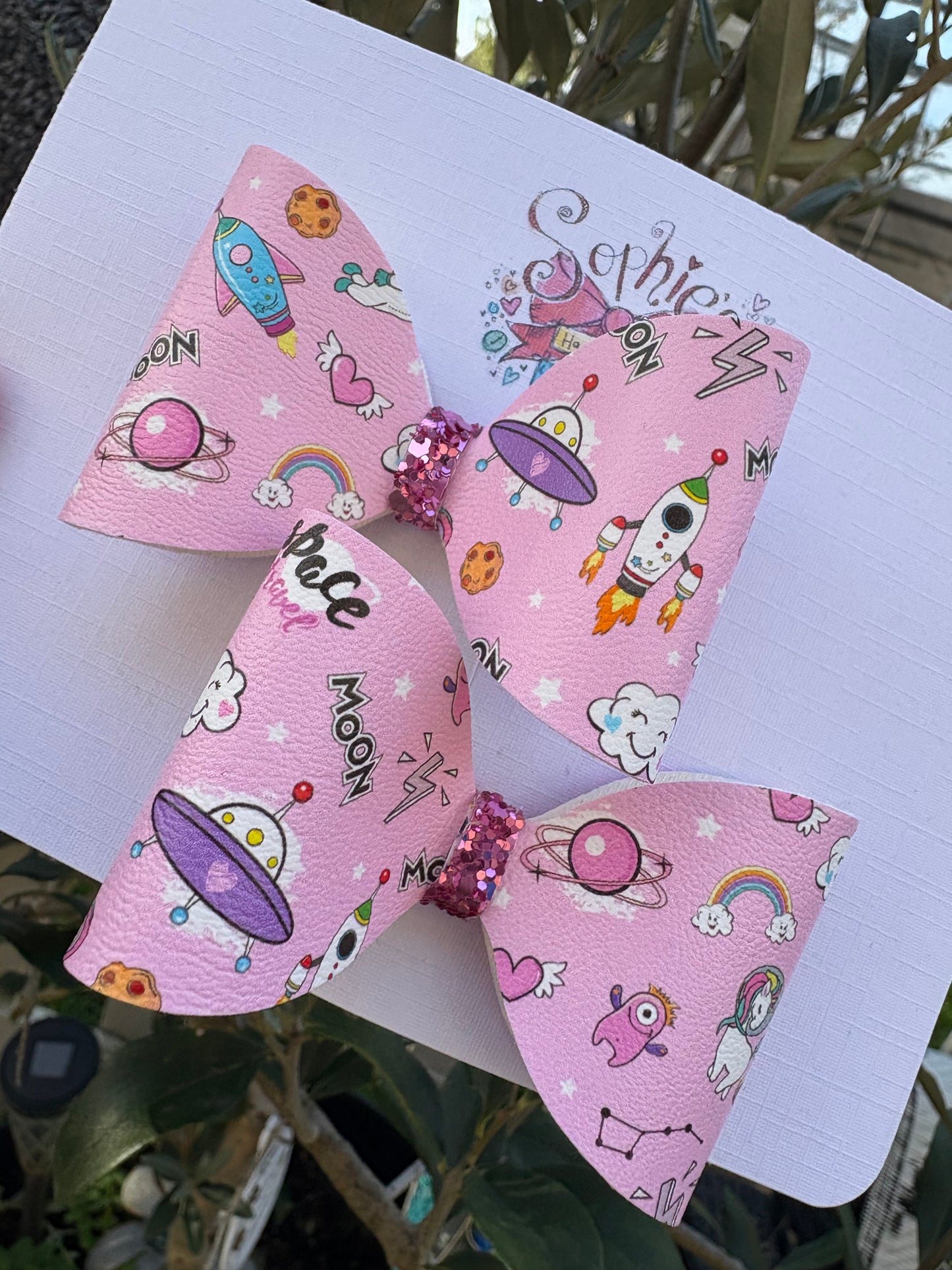 Pink Unicorn Spaceship 2.5inch Pigtail Bows