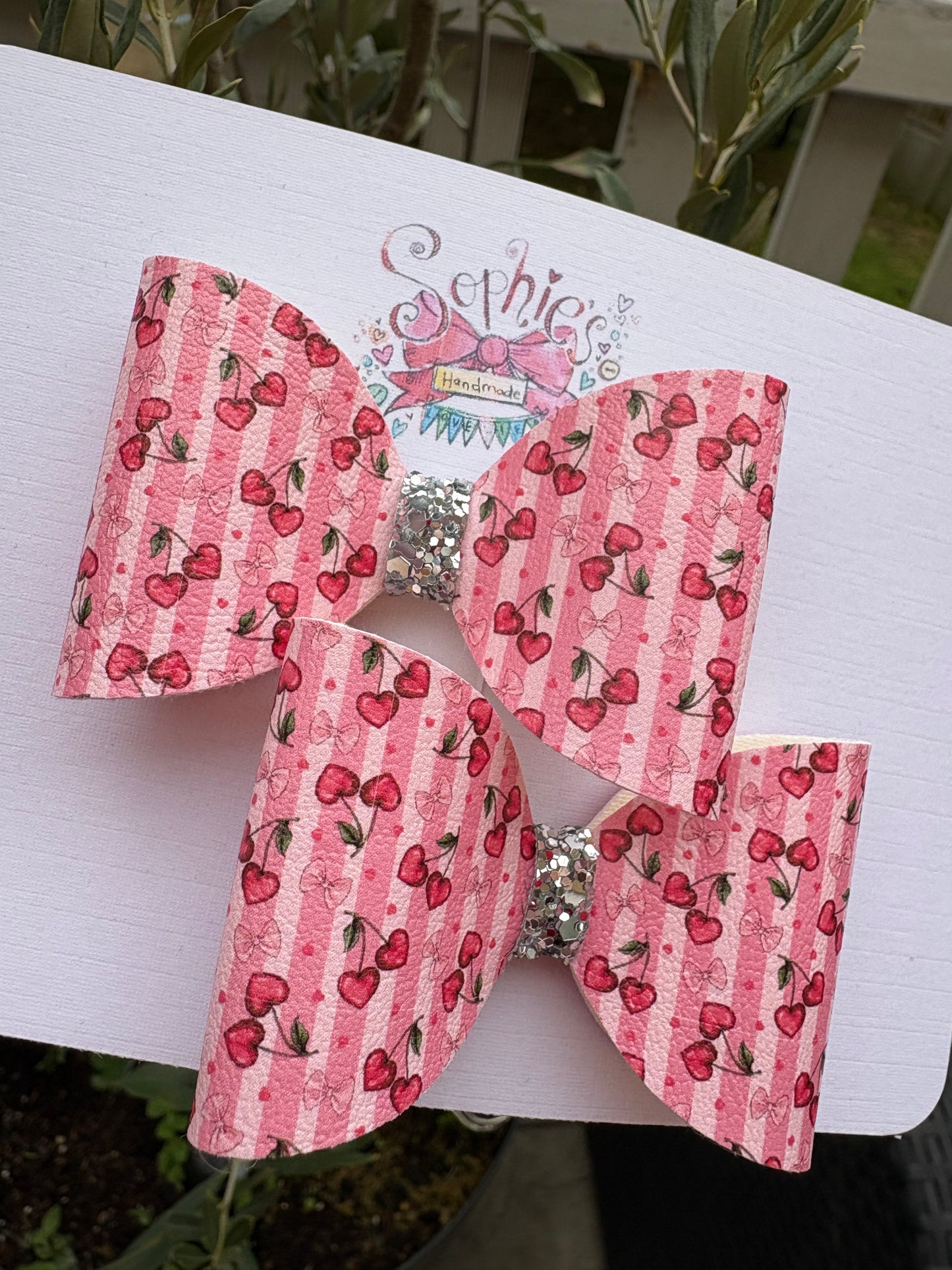 Striped Heart Cherries Pigtail Bows