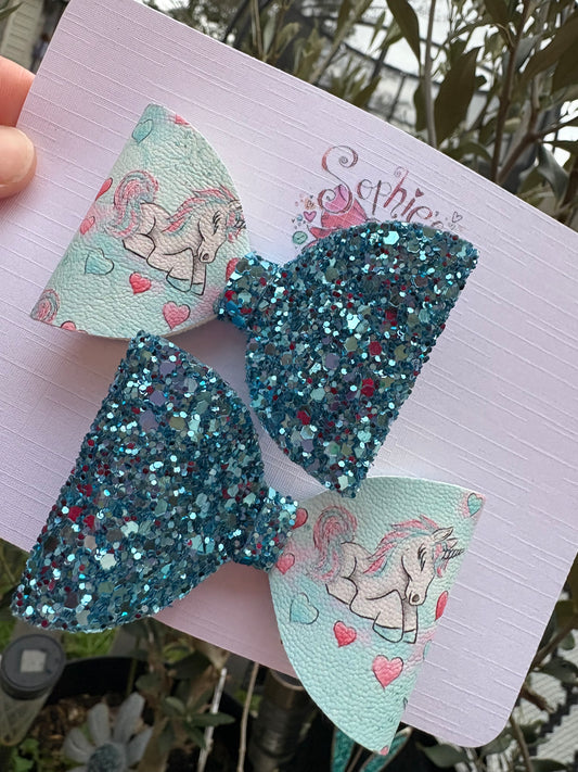 Blue Unicorn Glitter Pigtail Bows 2.5inch