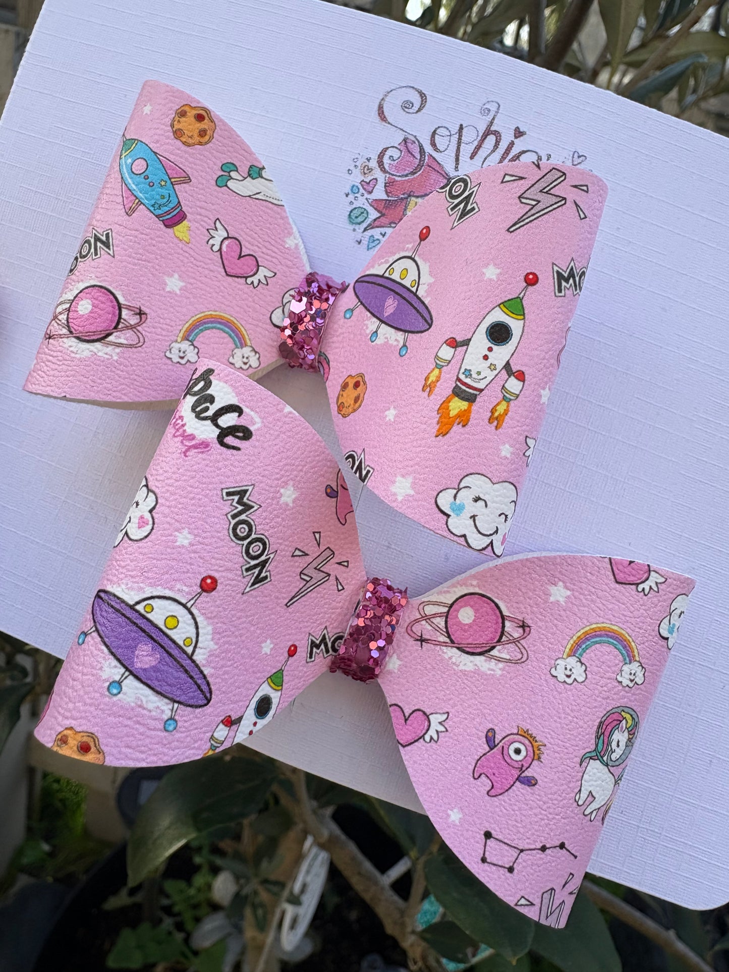 Pink Unicorn Spaceship 2.5inch Pigtail Bows