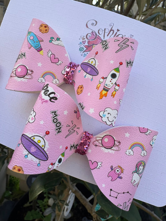 Pink Unicorn Spaceship 2.5inch Pigtail Bows