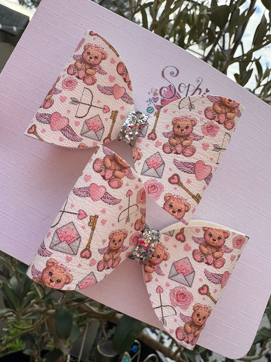 White Cupid Teddy Bear Pigtail Bows 2.5inch