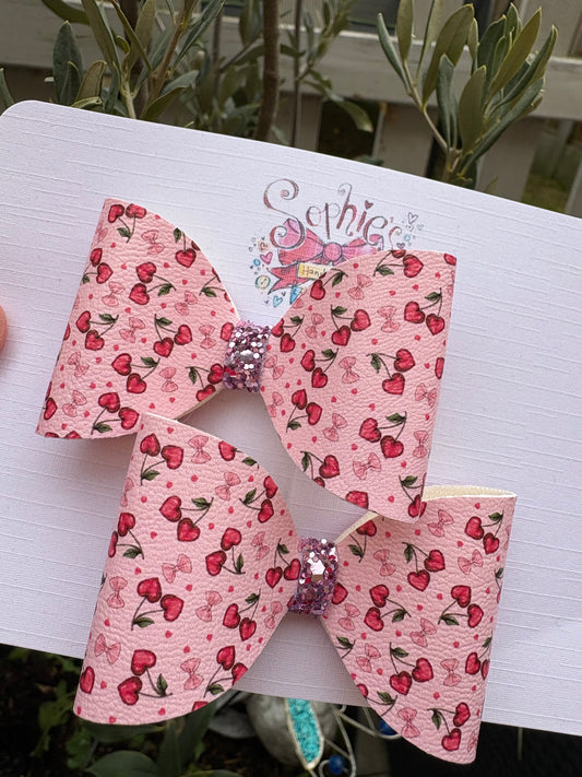 Light Pink Heart Cherries Pigtail Bows