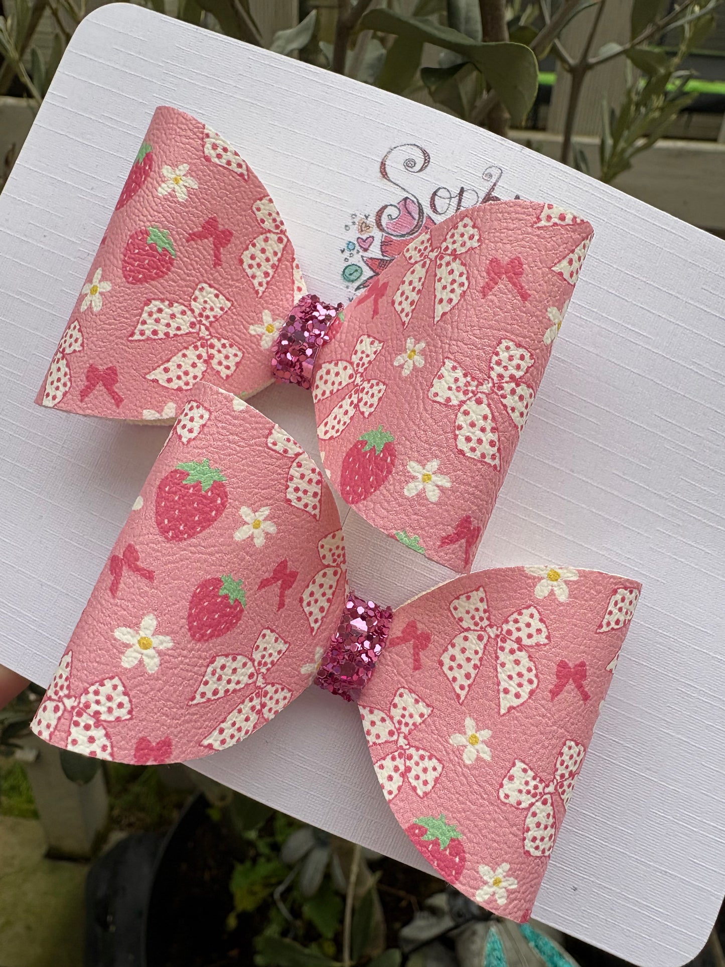 Pink Strawberry Bow Design 2.5inch Pigtail Bows