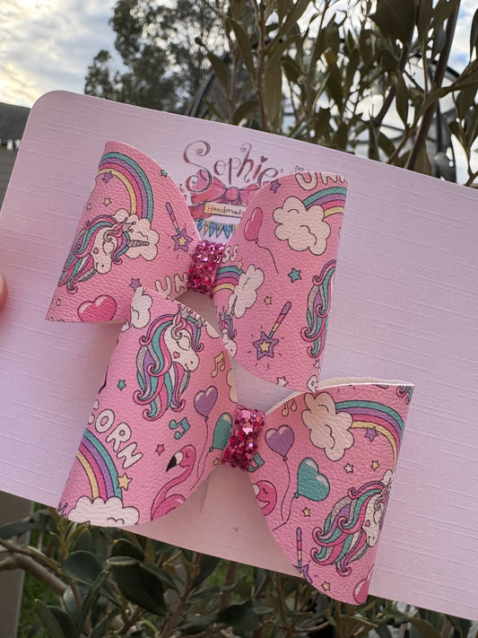 Pink Rainbow Unicorn Pigtail Bows 2.5inch