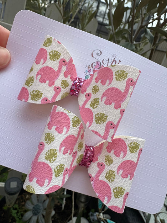 Pink Dinosaurs Pigtail Bows 2.5inch