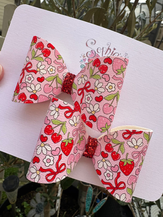 Pink Strawberry and Cherry 2.5inch Pigtail Bows