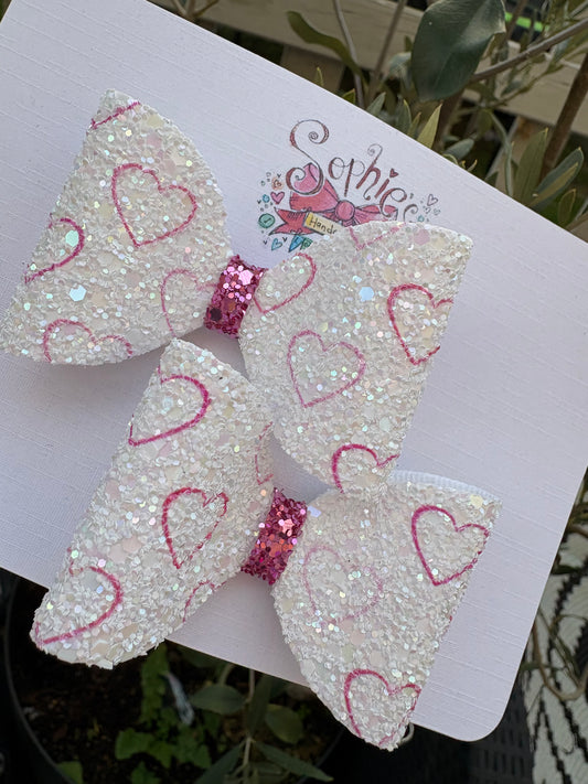 Pink Heart Chunky Glitter 2.5inch Pigtail Bows