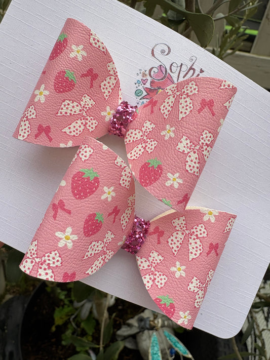 Pink Strawberry Bow Design 2.5inch Pigtail Bows