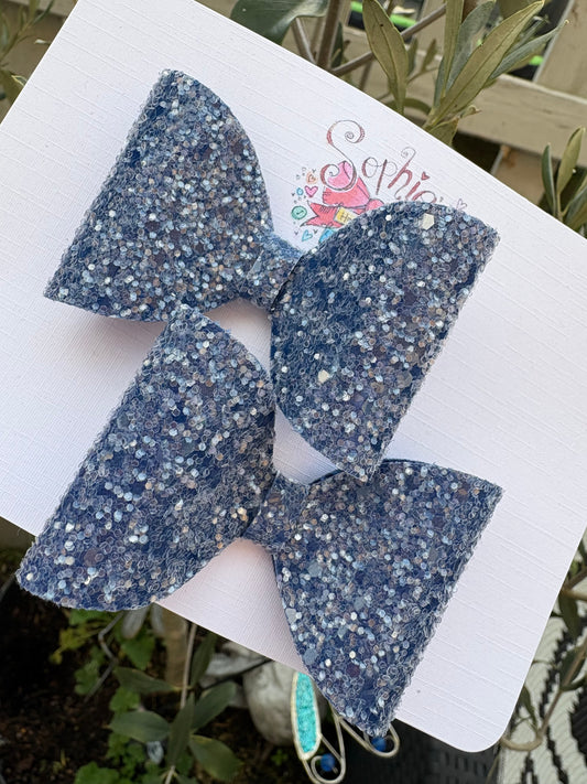 Denim Blue Glitter 2.5inch Pigtail Bows