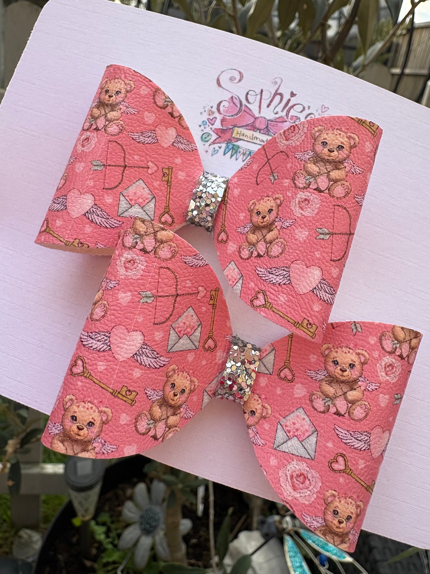 Pink Cupid Teddy Pigtail Bows 2.5 inch