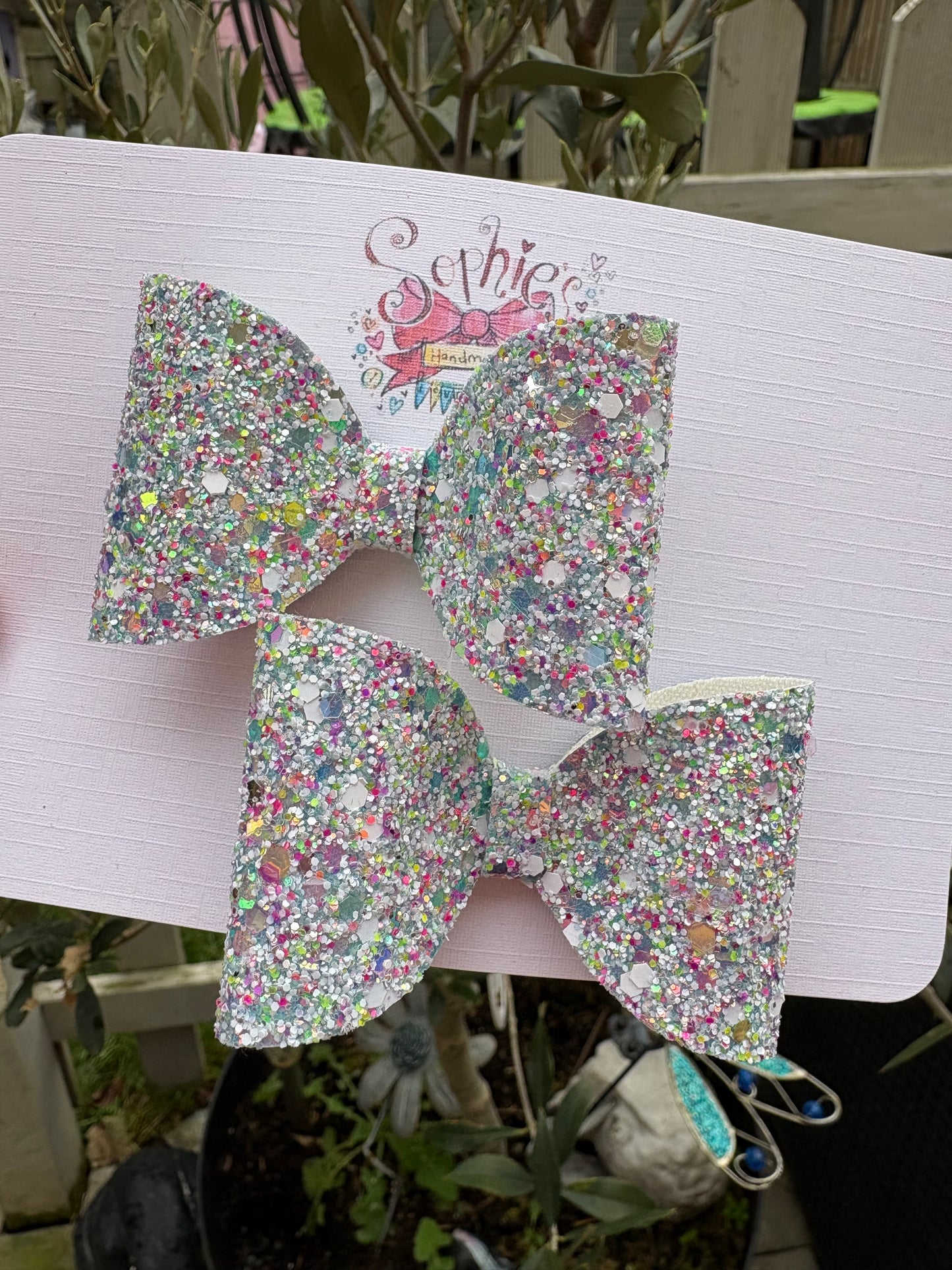 Silver Confetti Glitter Pigtail Bows