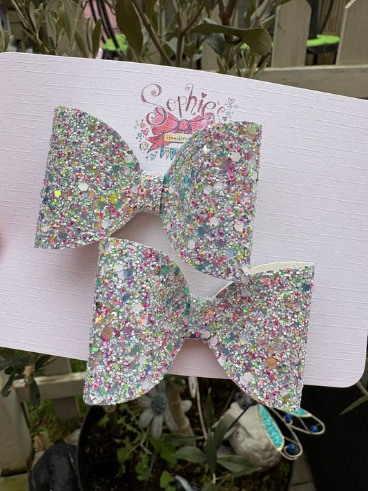 Silver Confetti Glitter Pigtail Bows