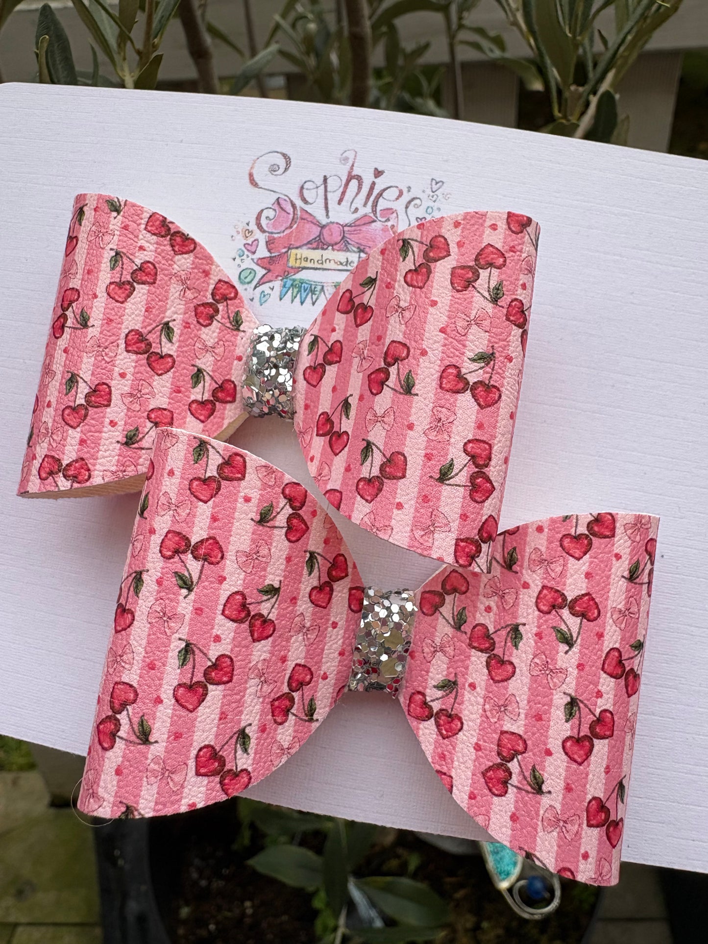 Striped Heart Cherries Pigtail Bows
