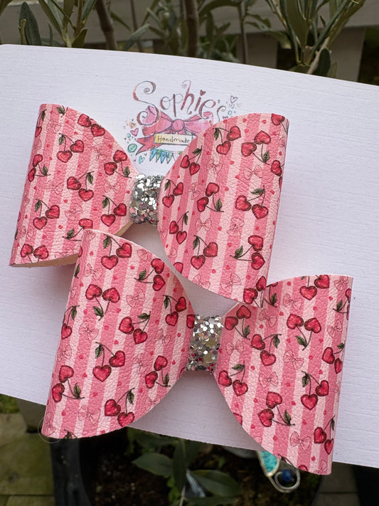 Striped Heart Cherries Pigtail Bows