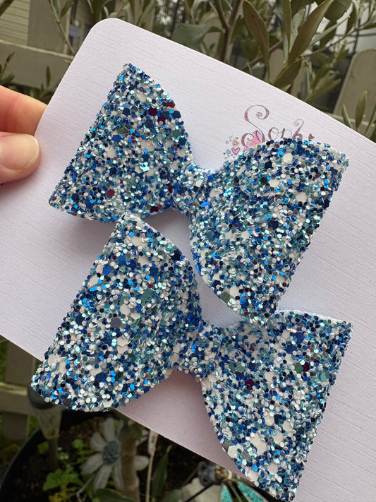 Blue and White Chunky Glitter 2.5inch Pigtail Bows