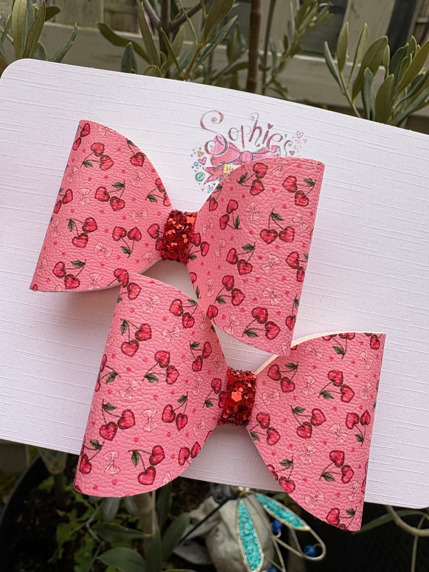 Hot Pink Cherry Heart Pigtail Bows