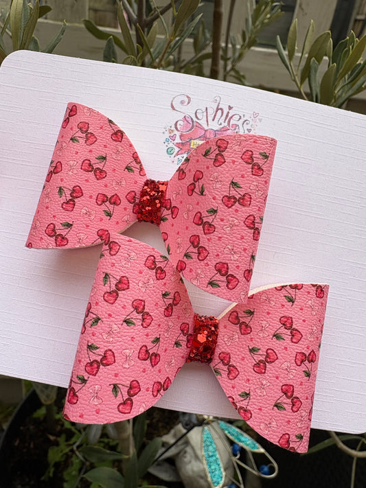Hot Pink Cherry Heart Pigtail Bows