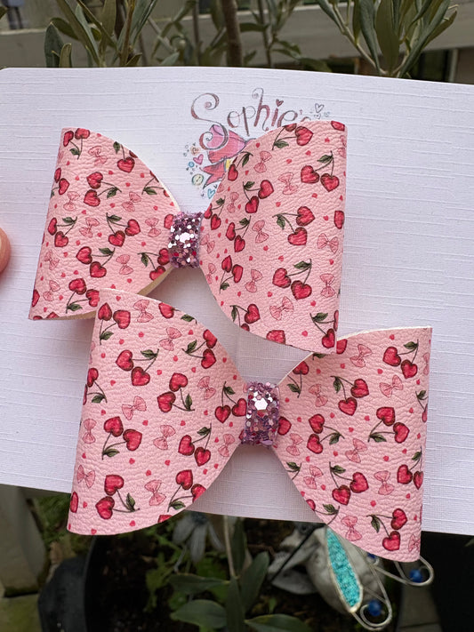 Light Pink Heart Cherries Pigtail Bows
