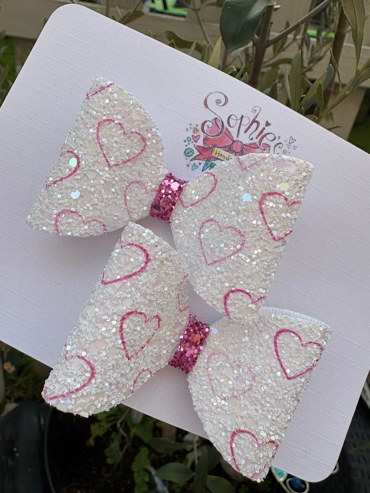Pink Heart Chunky Glitter 2.5inch Pigtail Bows