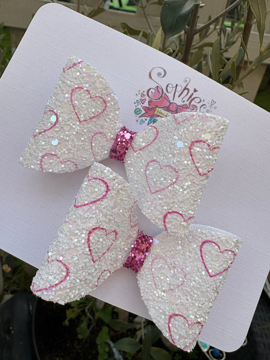 Pink Heart Chunky Glitter 2.5inch Pigtail Bows