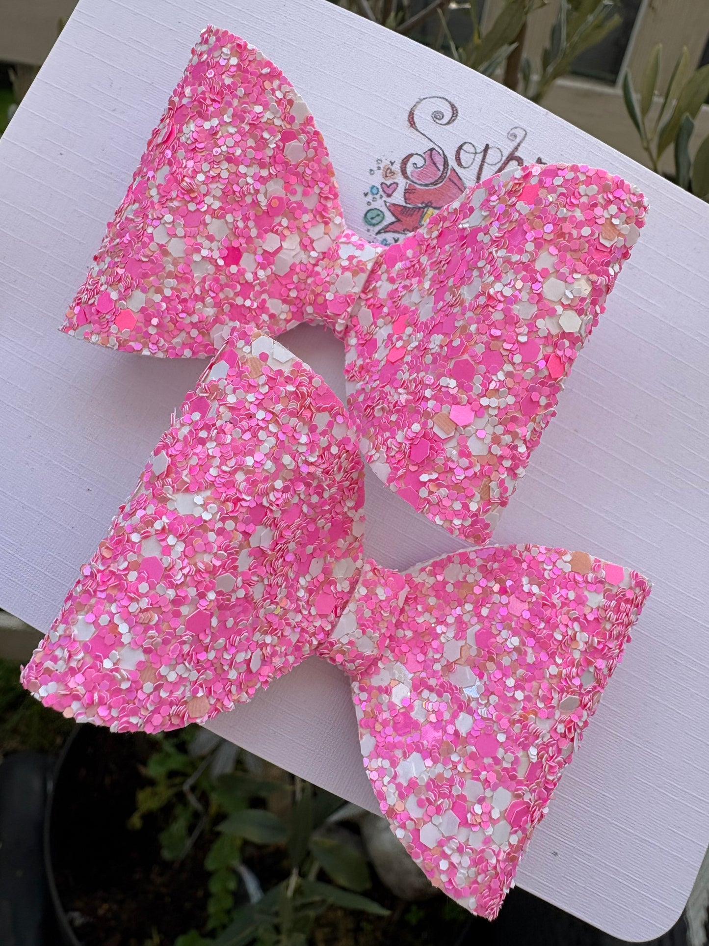 Pink and White Chunky Glitter Pigtail Bows