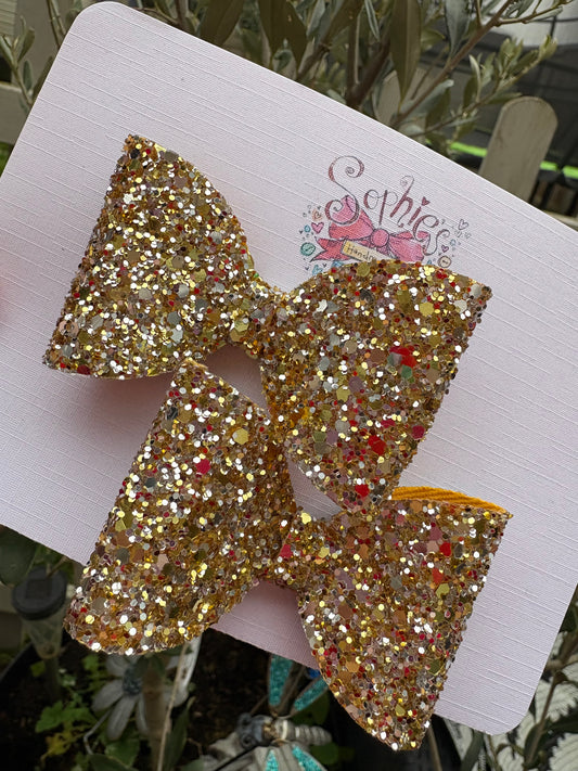 Golden Silver Chunky Glitter 2.5inch Pigtail Bows