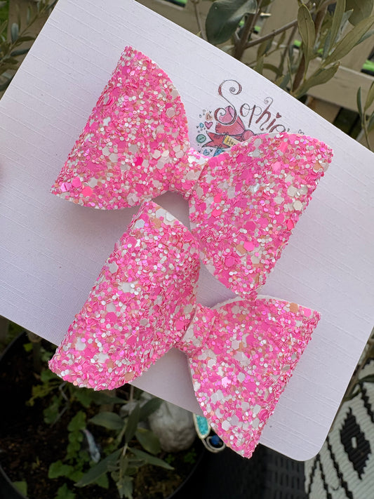 Pink and White Chunky Glitter Pigtail Bows